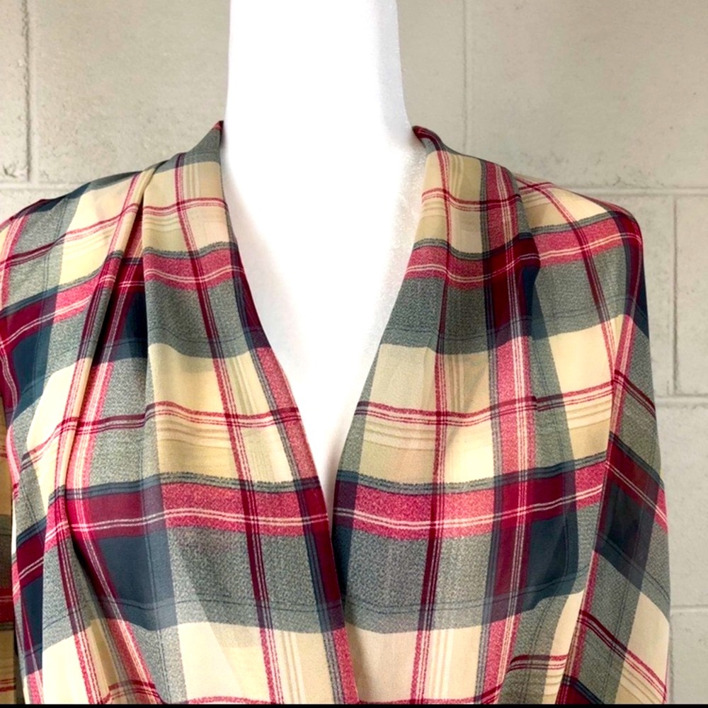 SOPHIE RUE Plaid Sheer Long Sleeve Faux Wrap Preppy Classic Casual Blouse XS - Picture 3 of 7